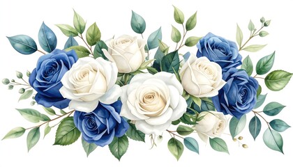 Watercolor painting of a horizontal arrangement of blue and white roses and greenery