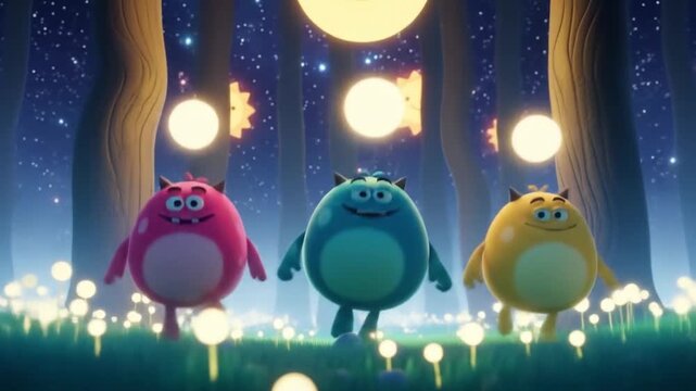 Three lively goomo creatures dance in a colorful forest with shimmering lights. Suitable for kids animations, nature themes, party invitations.