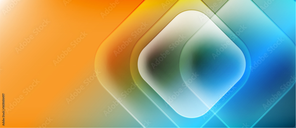 Poster abstract composition featuring layered squares. warm orange transitions into cool blue hues. soft gr
