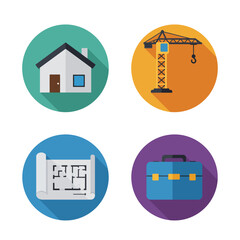 Fototapeta premium Construction and Building Icons Representing Home Crane Blueprint and Toolbox