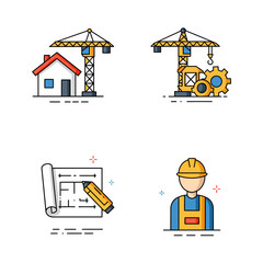 Fototapeta premium Construction and Building Industry Icons with Crane Blueprint and Worker Illustration