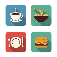 Flat design food icons set with coffee noodles burger and cutlery
