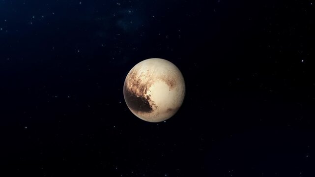 Pluto Dwarf Planet Slowly Spinning with Starfield Background. 3D Animation of Pluto Planet Rotating in Deep Space. 3D Render of Pluto Planet in the Outer Solar System
