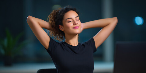 businesswoman stretching after long work session