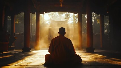 Monk meditating in temple light