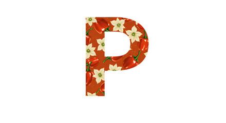 Fototapeta premium Letter P with Chili Peppers and Flowers on Orange Background png, isolated on transparent background