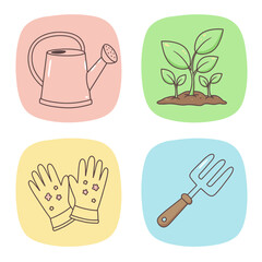 Cute Gardening Icons Set with Watering Can Plant Gloves and Fork