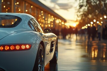 A sleek sports car parked near a bustling outdoor area during sunset.