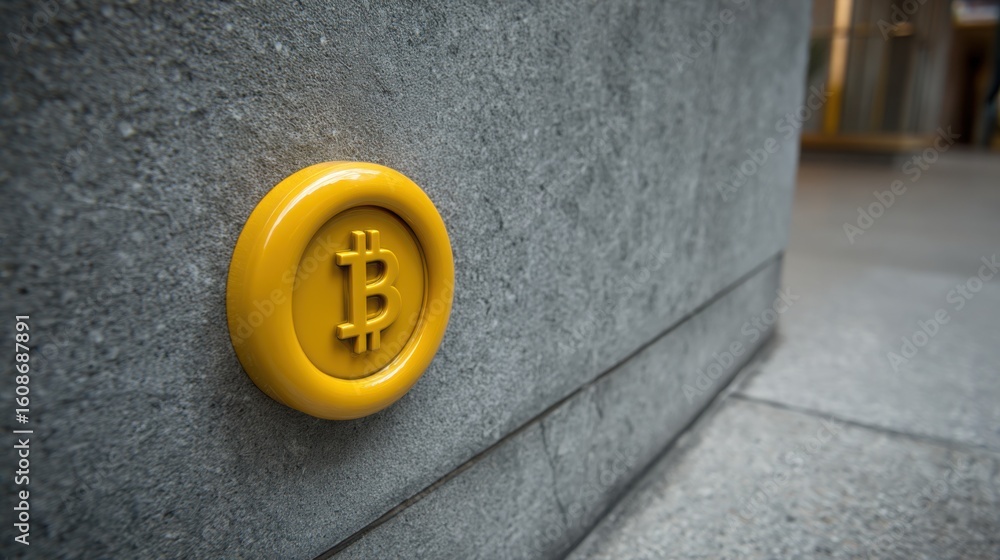 Poster artistic representation of a bitcoin symbolically placed on a wall signifying digital currency in ur