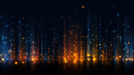 An array of vertical lights create a glow with various bokeh points in the background