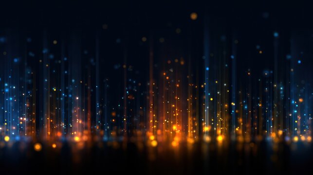 An array of vertical lights create a glow with various bokeh points in the background