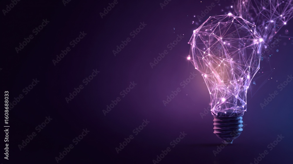 Poster an abstract glowing lightbulb formed by interconnected lines and dots, floating in space