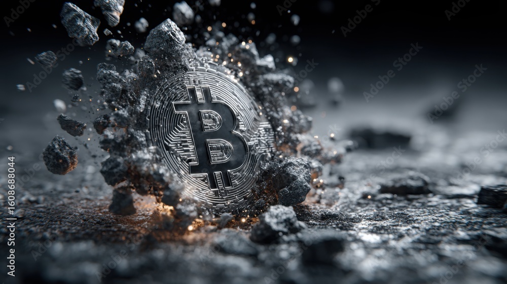 Poster dramatic illustration of a bitcoin coin exploding against a minimalist grid background signifying ma