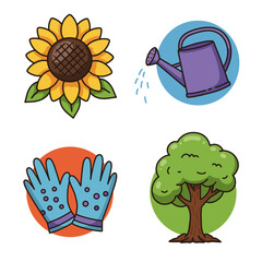 Cute Gardening Icons Set with Sunflower Watering Can Gloves and Tree