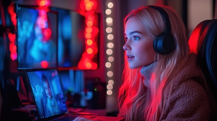 A young woman gaming with headphones, illuminated by colorful lights and multiple screens.