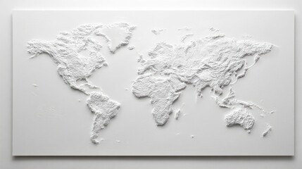 World map relief design on a white surface.