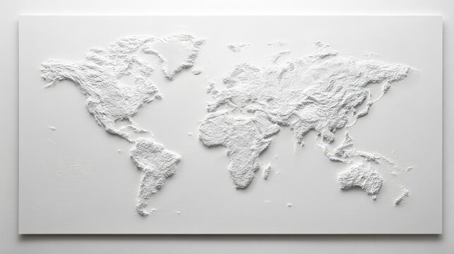 World map relief design on a white surface.