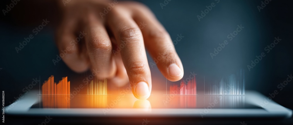 Poster modern professional businessman tracking kpi data with virtual screen high-quality tech visualizatio