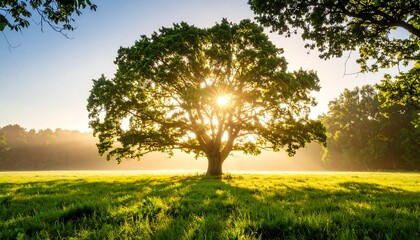 Fototapeta premium Majestic tree in sunrise meadow