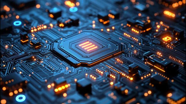 Glowing microchip on motherboard with blue circuitry and neon light reflections. 