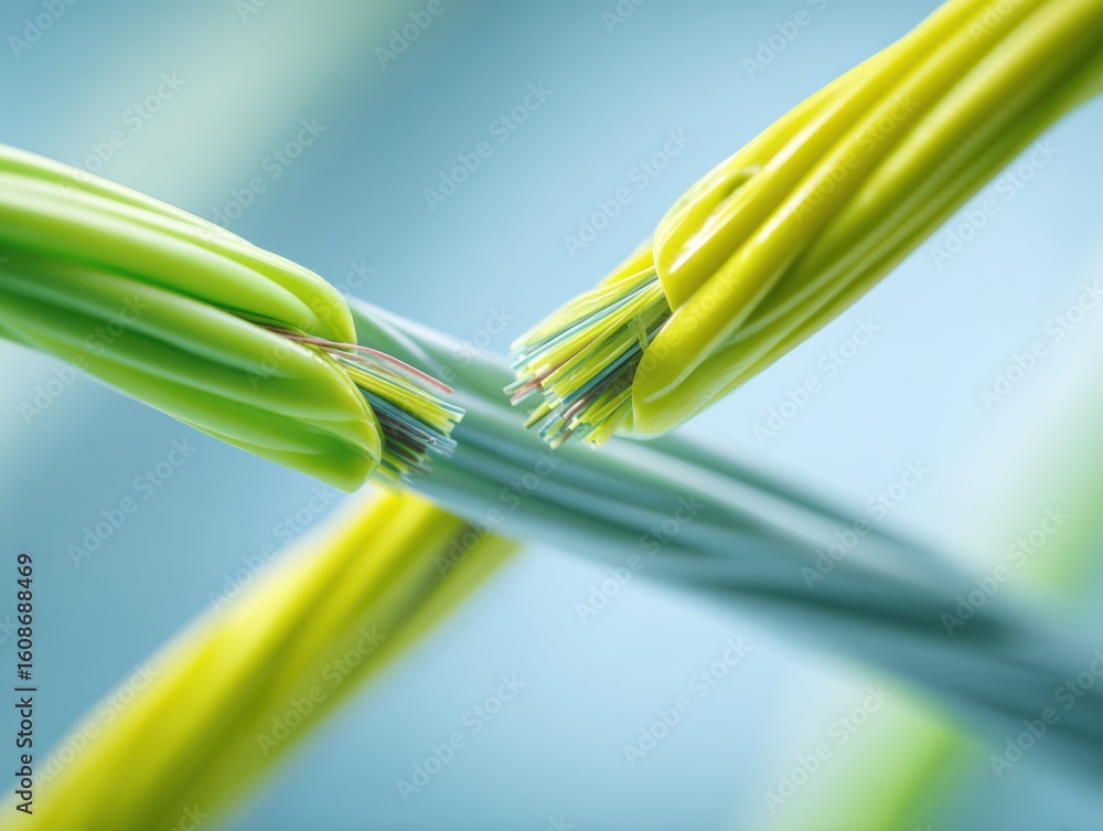 Poster professional high-quality network server cable severed with exposed wires in modern tech environment