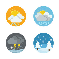 Four Weather Condition Icons Sunny Rain Cloudy Rain Storm and Snowy Winter