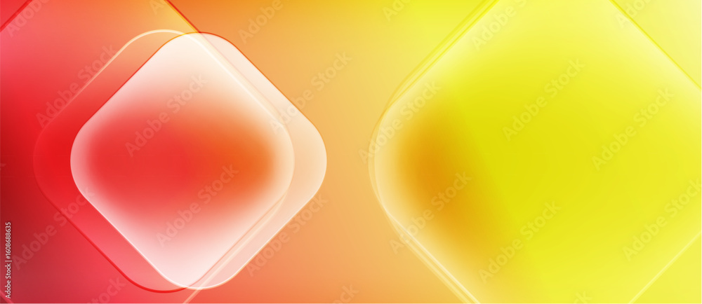 Poster abstract composition featuring layered squares. gradient transitions from red to yellow create vibra