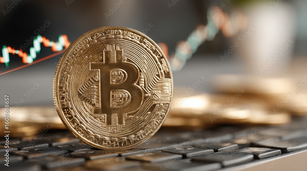 Poster bitcoin coin resting on a keyboard symbolizing digital currency interaction and engagement in modern