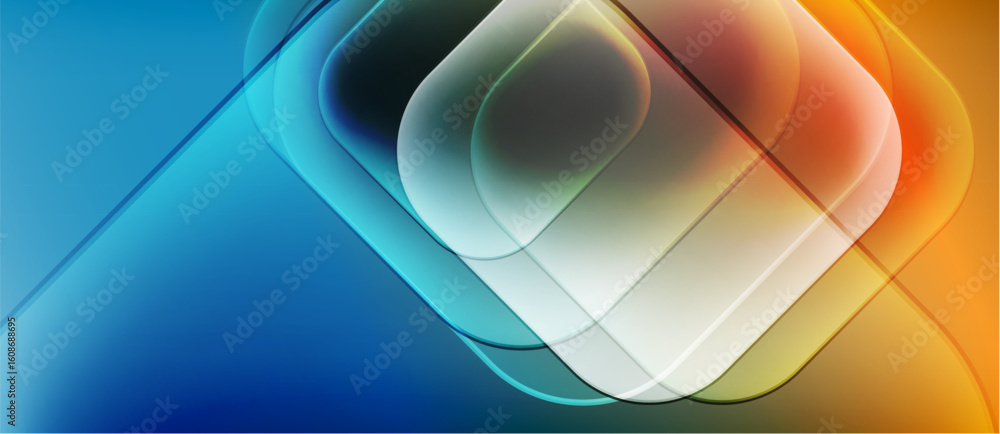 Poster abstract geometric shapes overlap, creating vibrant color gradients. blue transitions to orange, for
