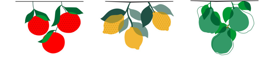 Hand drawn lemon fruits with leaves and flowers. Minimalist line art. Citrus tropical fruits. Italian style. Summer design for pattern, poster, card, cover. Vector modern botanical illustration