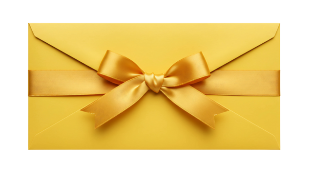 Yellow envelope with a decorative yellow ribbon and bow, isolated on transparent background for gift-giving, celebrations, and special occasions.