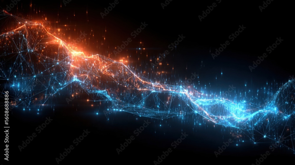 Poster network of glowing lines representing connectivity and flow of information in modern financial inves