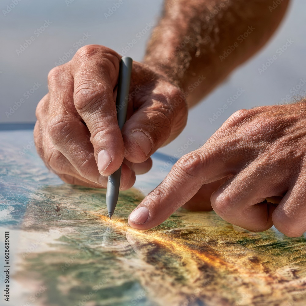 Poster professional weather analyst using stylus on digital map for hurricane tracking and predictive disas