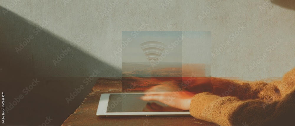 Poster modern connectivity issues on tablet screen showing repetitive wifi icon premium tech content for yo