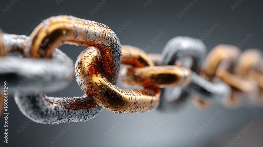 Poster conceptual visualization of a chain link representing on-chain bitcoin surge with overlay effects an