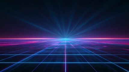 Abstract tech background with glowing neon grid lines converging to vanishing point