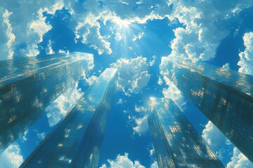 A view of towering skyscrapers under a bright blue sky with scattered clouds.