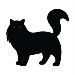 Silhouette of a fluffy black cat standing with its tail curled
