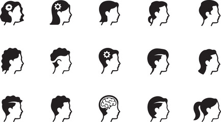 Obraz premium Variety of Stylized Head Profiles Illustrating Human Thought Processes and Diverse Hairstyles in a Minimalist Black and White Design