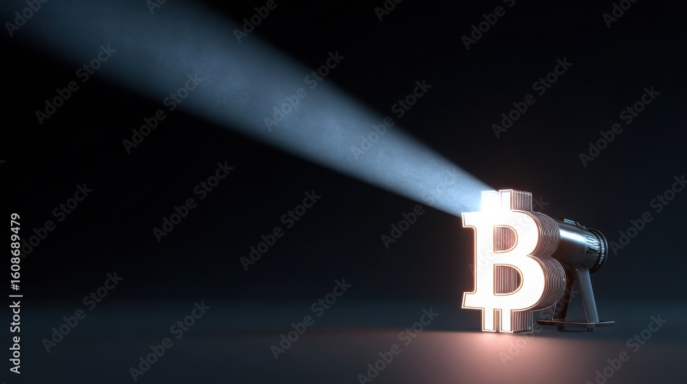 Poster illuminated bitcoin coin emitting light symbolizing prosperity and financial success in a dynamic gr