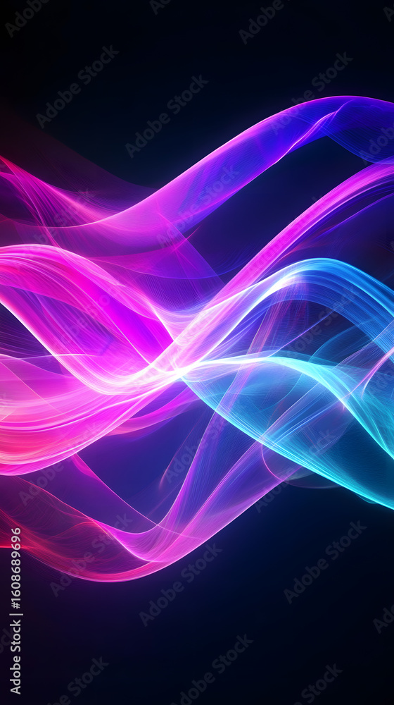 Poster abstract neon waves: dynamic flow of vibrant colors on dark background