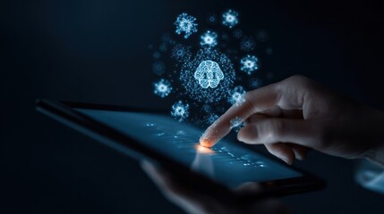 Hand interacting with a tablet displaying a digital representation of a brain and viruses