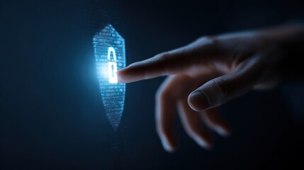 Finger pressing glowing padlock icon on digital display, dark background