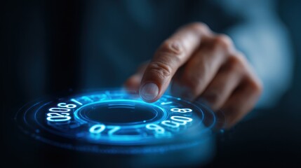 Hand interacts with a glowing, futuristic dial displaying digital numbers