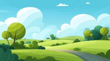 Fototapeta premium Cartoon countryside green hills, trees, and blue sky with puffy clouds