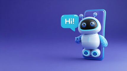 Adorable 3D chatbot character popping out of smartphone with a chat bubble saying Hi!