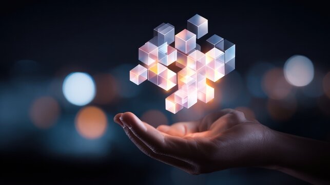 A person's hand cradles a cluster of translucent, glowing cubes against a blurred, dark backdrop