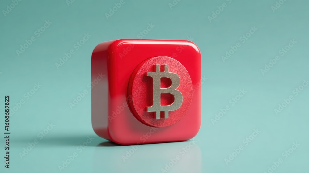 Poster red block with bitcoin representing cryptocurrency market signals and investment strategies in finan