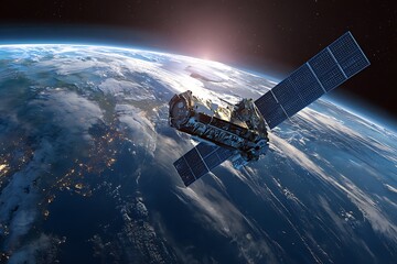 **3D Cinematic Image Of A Gps Satellite Orbiting A Sunlit Portion Of Earth, With North America Visible Below. The Satellite Is Highly Detailed, Showing Screws, Textures, And Cable Arrays In Ultra-Cris