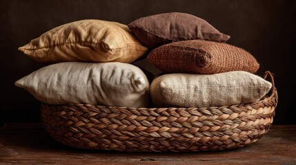 Obraz premium Cozy Autumnal Still Life: Stack of Pillows in Wicker Basket